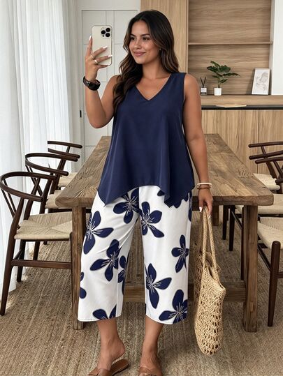 Weeklong Plus Size Two Pieces Sleeveless Casual Holiday-Style Floral Print Set