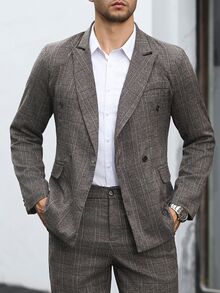 Manfinity Mode Men's Casual Business Suit Set, Made Of Plaid Fabric, Suitable For Daily Commute, Relaxed Work Environment Or Semi-Formal Occasions, Also An Ideal Gift For Boyfriend And Husband - Brown - View 6
