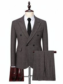 Manfinity Mode Men's Casual Business Suit Set, Made Of Plaid Fabric, Suitable For Daily Commute, Relaxed Work Environment Or Semi-Formal Occasions, Also An Ideal Gift For Boyfriend And Husband - Brown - View 2