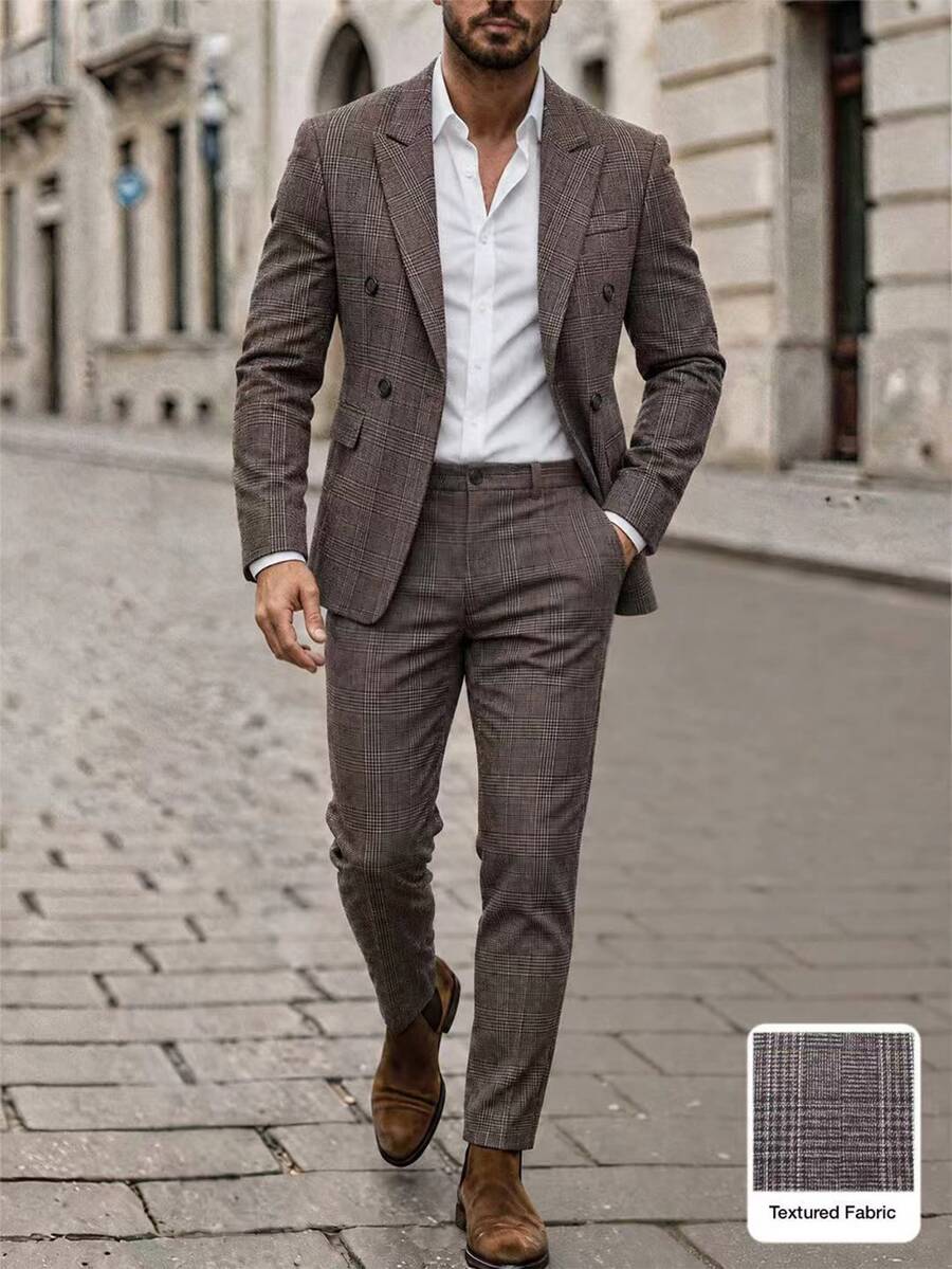Manfinity Mode Men's Casual Business Suit Set, Made Of Plaid Fabric, Suitable For Daily Commute, Relaxed Work Environment Or Semi-Formal Occasions, Also An Ideal Gift For Boyfriend And Husband - Brown - View 1