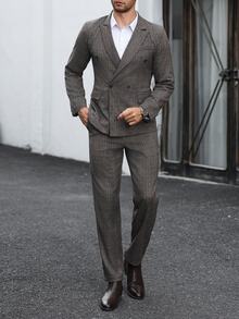 Manfinity Mode Men's Casual Business Suit Set, Made Of Plaid Fabric, Suitable For Daily Commute, Relaxed Work Environment Or Semi-Formal Occasions, Also An Ideal Gift For Boyfriend And Husband - Brown - View 5