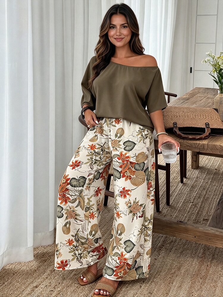 Weeklong Plus Size 2-Piece Set: Solid Color Asymmetrical Shoulder Top & Random Print Casual Pants, Vacation Style Fall - Multicolor - View 1