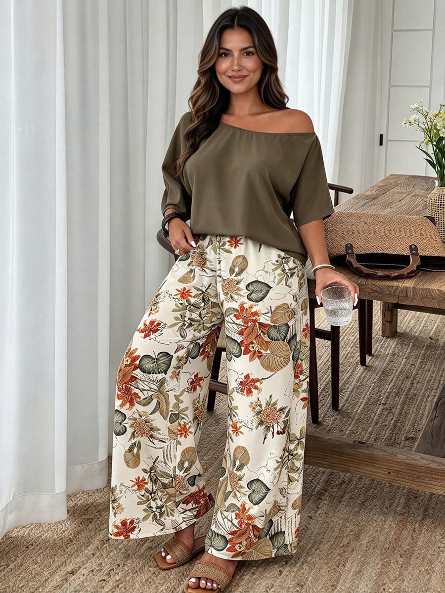 Weeklong Plus Size 2-Piece Set: Solid Color Asymmetrical Shoulder Top & Random Print Casual Pants, Vacation Style Fall - Multicolor - View 1