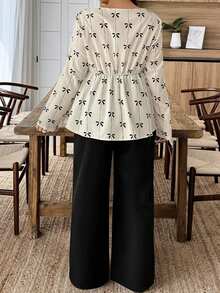 Weeklong Setelan Blus dan Celana Panjang Wanita Ukuran Plus Motif Pita Warna Kontras, Motif Acak, Musim Gugur/Musim Dingin - MultiWarna - View 2