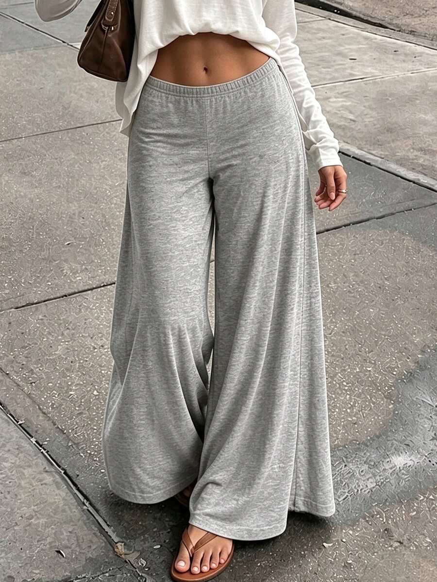 INAWLY Women's Solid Color Elastic Waist Wide Leg Loose Casual Long Pants - Light Grey - View 1