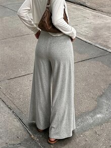 INAWLY Women's Solid Color Elastic Waist Wide Leg Loose Casual Long Pants - Light Grey - View 5