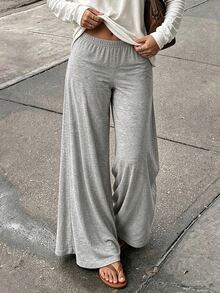 INAWLY Women's Solid Color Elastic Waist Wide Leg Loose Casual Long Pants - Light Grey - View 3