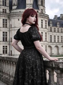 Whyspr Y2K Gothic Butterfly & Skull Print Plus Size Dress, Cinched Waist A-Line Ruffle Hem Short Sleeve Dress - Black - View 2