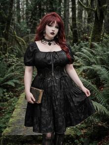 Whyspr Y2K Gothic Butterfly & Skull Print Plus Size Dress, Cinched Waist A-Line Ruffle Hem Short Sleeve Dress - Black - View 7