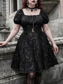 Whyspr Y2K Gothic Butterfly & Skull Print Plus Size Dress, Cinched Waist A-Line Ruffle Hem Short Sleeve Dress - Black - View 1