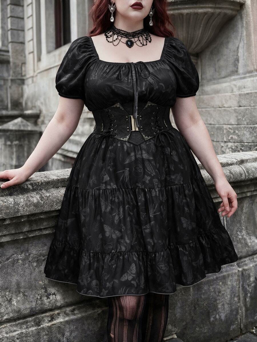 Whyspr Y2K Gothic Butterfly & Skull Print Plus Size Dress, Cinched Waist A-Line Ruffle Hem Short Sleeve Dress - Black - View 1