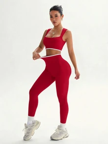 Dewbera Dewbera Women's Colorblock Cropped Top And High Waisted Leggings Casual Daily Sports Set - Fiery Red - View 3
