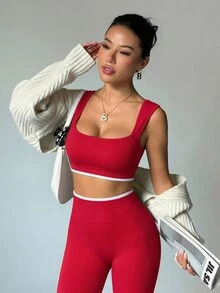 Dewbera Dewbera Women's Colorblock Cropped Top And High Waisted Leggings Casual Daily Sports Set - Fiery Red - View 7