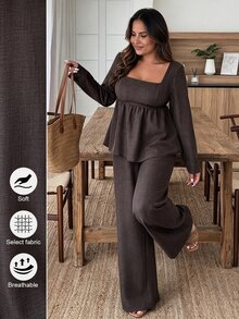 Weeklong Plus Size Vacation Casual Solid Color Shirt And Pants 2 Pieces Set Fall Cloth For Women - Coffee Brown - View 1
