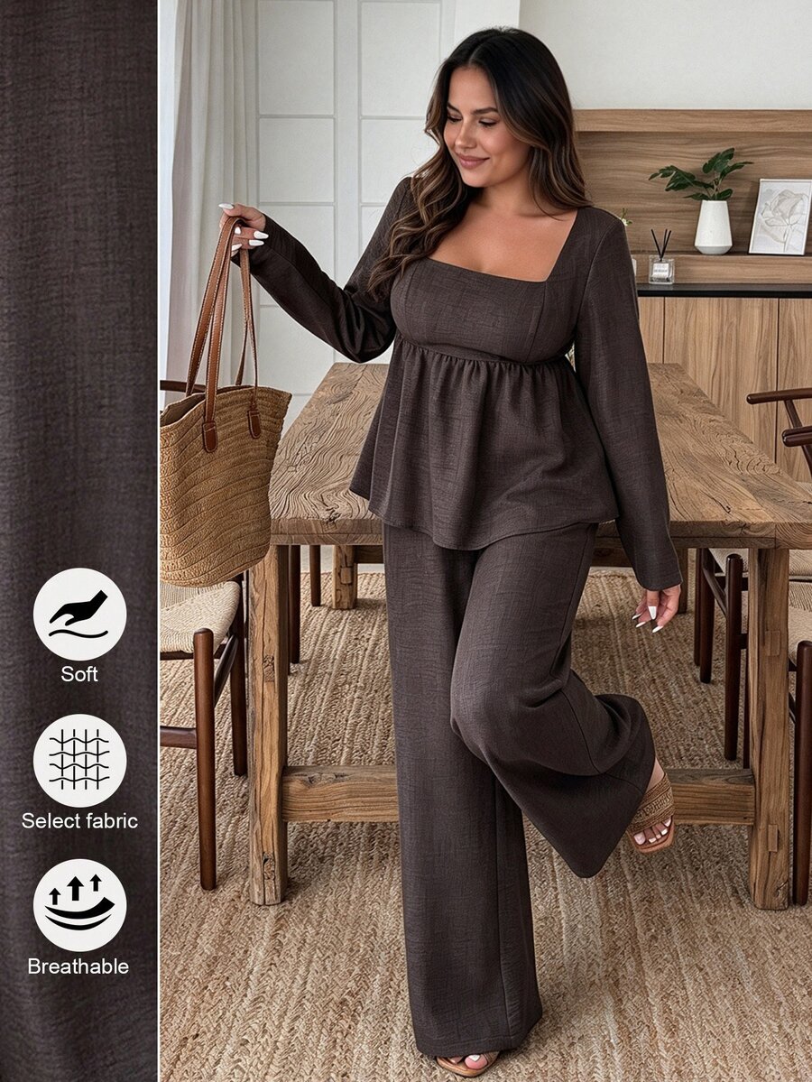 Weeklong Plus Size Vacation Casual Solid Color Shirt And Pants 2 Pieces Set Fall Cloth For Women - Coffee Brown - View 1