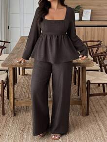 Weeklong Plus Size Vacation Casual Solid Color Shirt And Pants 2 Pieces Set Fall Cloth For Women - Coffee Brown - View 4