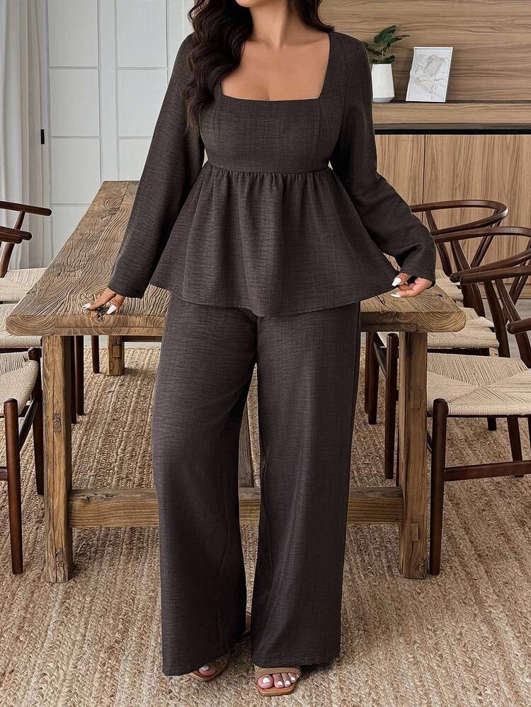 Weeklong Plus Size Vacation Casual Solid Color Shirt And Pants 2 Pieces Set Fall Cloth For Women - Coffee Brown - View 4