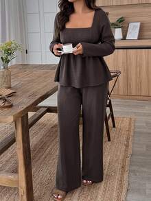 Weeklong Plus Size Vacation Casual Solid Color Shirt And Pants 2 Pieces Set Fall Cloth For Women - Coffee Brown - View 3