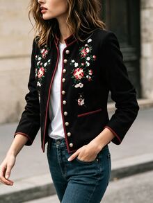 SHEIN Women's New Vintage Elegant Fashion Elegant Embroidered Metal Buckle Decor Wool Jacket - Black - View 5