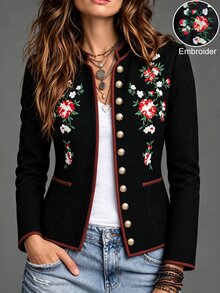 SHEIN Women's New Vintage Elegant Fashion Elegant Embroidered Metal Buckle Decor Wool Jacket - Black - View 1