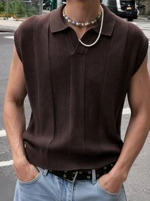 Manfinity Homme Men's Solid Color Lapel Casual Versatile Knit Vest - Multicolor - View 4