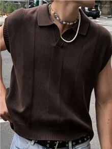 Manfinity Homme Men's Solid Color Lapel Casual Versatile Knit Vest - Multicolor - View 1