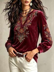 Glimmora Women's Floral Print Notch V-Neck Long Sleeve T-Shirt - Multicolor - View 4
