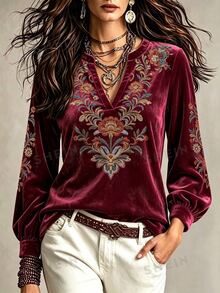 Glimmora Women's Floral Print Notch V-Neck Long Sleeve T-Shirt - Multicolor - View 1