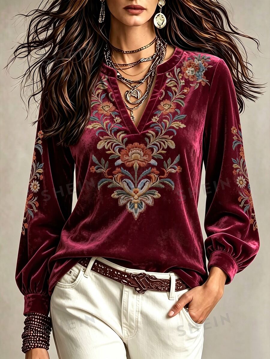 Glimmora Women's Floral Print Notch V-Neck Long Sleeve T-Shirt - Multicolor - View 1