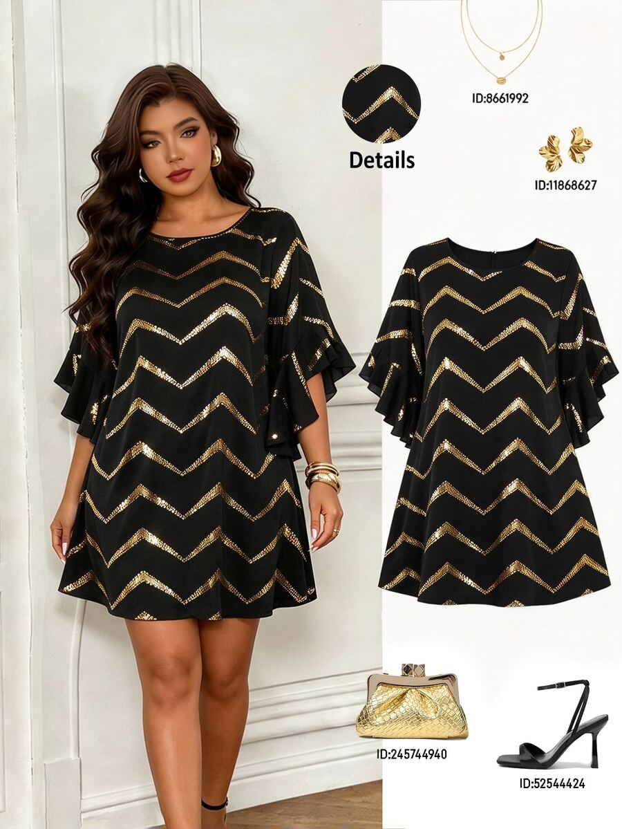 Femmeverse Plus Size Round Neck Flare Sleeve Ruffled Hem Foil Print Loose Dress Fall - Black - View 1
