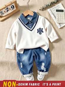 2pcs Young Boy Casual Sports Academy Street Style Korean Polo Collar Sweatshirt + Denim Blue Long Pants, Suitable For Daily Wear, School, Travel, Sports, Spring And Autumn Seasons, Providing Multiple Matching Options For Boys And Increasing Clothing Combination Diversity - Multicolor - View 3