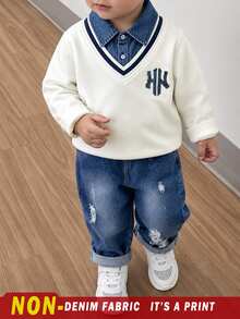 2pcs Young Boy Casual Sports Academy Street Style Korean Polo Collar Sweatshirt + Denim Blue Long Pants, Suitable For Daily Wear, School, Travel, Sports, Spring And Autumn Seasons, Providing Multiple Matching Options For Boys And Increasing Clothing Combination Diversity - Multicolor - View 1