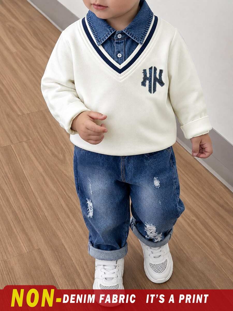 2pcs Young Boy Casual Sports Academy Street Style Korean Polo Collar Sweatshirt + Denim Blue Long Pants, Suitable For Daily Wear, School, Travel, Sports, Spring And Autumn Seasons, Providing Multiple Matching Options For Boys And Increasing Clothing Combination Diversity - Multicolor - View 1
