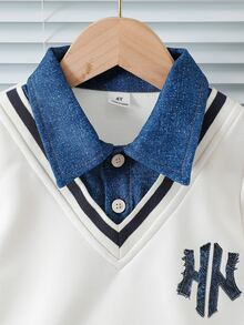 2pcs Young Boy Casual Sports Academy Street Style Korean Polo Collar Sweatshirt + Denim Blue Long Pants, Suitable For Daily Wear, School, Travel, Sports, Spring And Autumn Seasons, Providing Multiple Matching Options For Boys And Increasing Clothing Combination Diversity - Multicolor - View 5