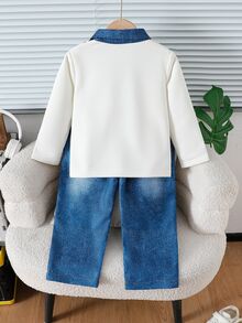 2pcs Young Boy Casual Sports Academy Street Style Korean Polo Collar Sweatshirt + Denim Blue Long Pants, Suitable For Daily Wear, School, Travel, Sports, Spring And Autumn Seasons, Providing Multiple Matching Options For Boys And Increasing Clothing Combination Diversity - Multicolor - View 2