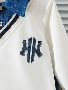 2pcs Young Boy Casual Sports Academy Street Style Korean Polo Collar Sweatshirt + Denim Blue Long Pants, Suitable For Daily Wear, School, Travel, Sports, Spring And Autumn Seasons, Providing Multiple Matching Options For Boys And Increasing Clothing Combination Diversity - Multicolor - View 6