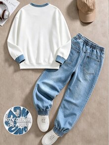 Tween Boys Casual Streetwear Graphic Street Minimalist Raw Edge Letter Floral Print Drop Shoulder Sweatshirt Sweatpants 2 Pieces Set White Light Blue - Multicolor - View 3