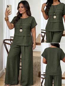 Weeklong Women's Plus Size Spring/Summer Casual Vacation Round Neck Loose Shirt And Elastic Waist Straight Leg Pants 2-Piece Set, Suitable For Daily Wear And Vacation - Army Green - View 1