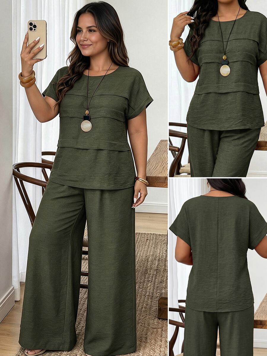 Weeklong Women's Plus Size Spring/Summer Casual Vacation Round Neck Loose Shirt And Elastic Waist Straight Leg Pants 2-Piece Set, Suitable For Daily Wear And Vacation - Army Green - View 1