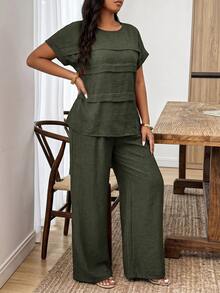 Weeklong Women's Plus Size Spring/Summer Casual Vacation Round Neck Loose Shirt And Elastic Waist Straight Leg Pants 2-Piece Set, Suitable For Daily Wear And Vacation - Army Green - View 3