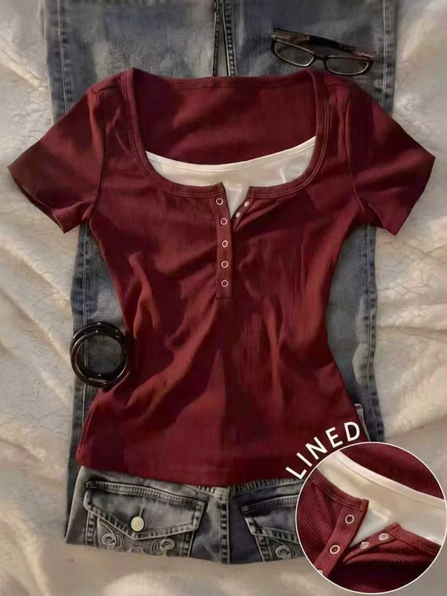 IslaSuriya Plus Size Women's 2-In-1 Short Sleeve Casual Top - Burgundy - View 1
