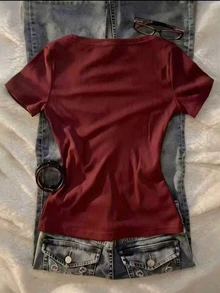 IslaSuriya Plus Size Women's 2-In-1 Short Sleeve Casual Top - Burgundy - View 2