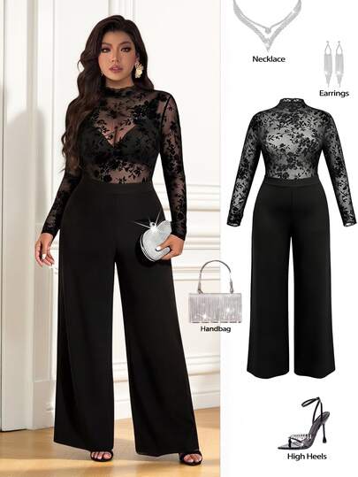 Femmeverse Elegantes Damen-Party-Set in Große Größen mit figurbetonendem Top aus Samt-Spitze und Patchwork sowie langem Jumpsuit mit weitem Bein