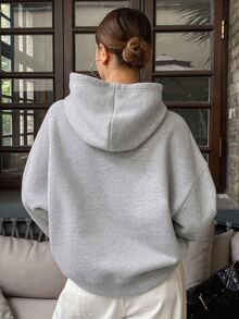 SHEIN 青少年女孩休閒街頭風抓絨連帽衛衣，適合學校與日常穿著 - 灰色 - 查看 2