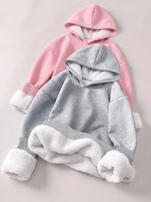SHEIN 青少年女孩休閒街頭風抓絨連帽衛衣，適合學校與日常穿著 - 灰色 - 查看 1