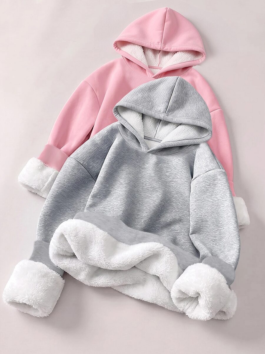 SHEIN 青少年女孩休閒街頭風抓絨連帽衛衣,適合學校與日常穿著 - 灰色 - 查看 1