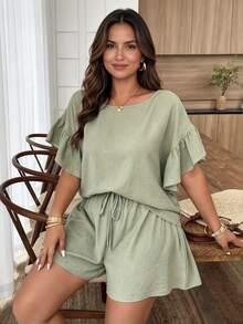 Weeklong Plus Size Women Spring/Summer Round Neck Ruffle Sleeve Casual Shorts Set - Green - View 1