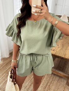 Weeklong Plus Size Women Spring/Summer Round Neck Ruffle Sleeve Casual Shorts Set - Green - View 5