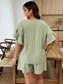 Weeklong Plus Size Women Spring/Summer Round Neck Ruffle Sleeve Casual Shorts Set - Green - View 2