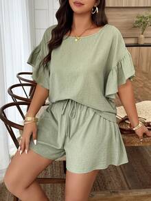 Weeklong Plus Size Women Spring/Summer Round Neck Ruffle Sleeve Casual Shorts Set - Green - View 3